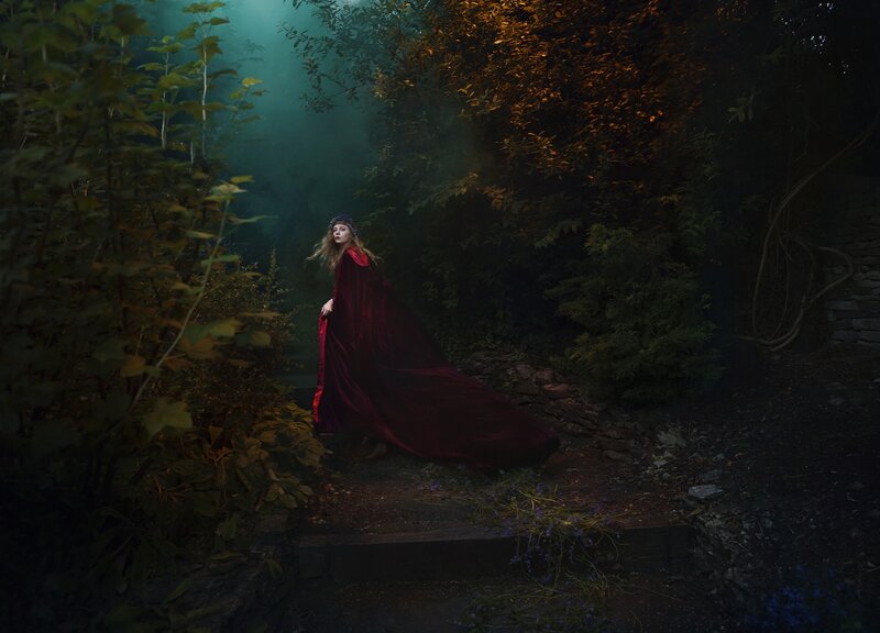 Woman in Red Cloak — Mysterious, Night, Photograph