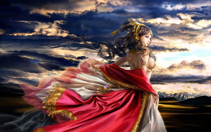 woman in red cloak on a hill