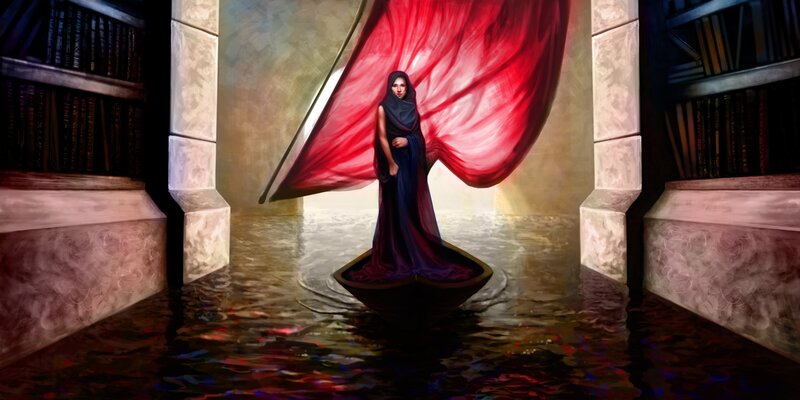 woman in red cloak on boat