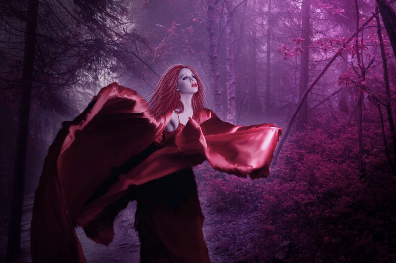 Woman in Red Cloak — Purple, Dramatic, Night