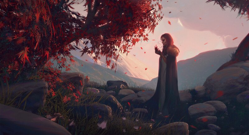 Woman in Red Cloak — Serene, Autumn, Digital Art