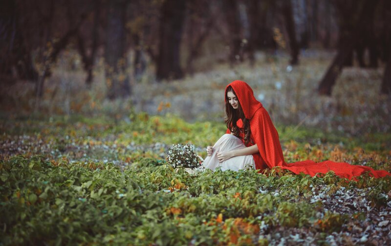 Woman in Red Cloak — Serene, Autumn, Photograph, Forest