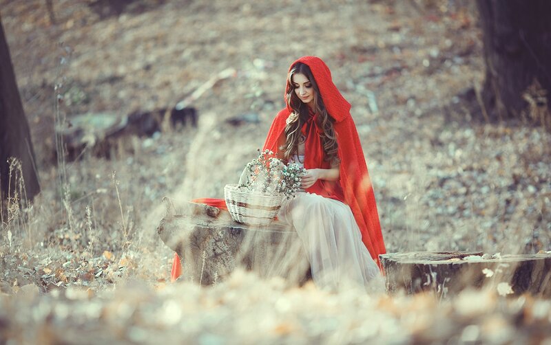 Woman in Red Cloak — Serene, Autumn, Photograph