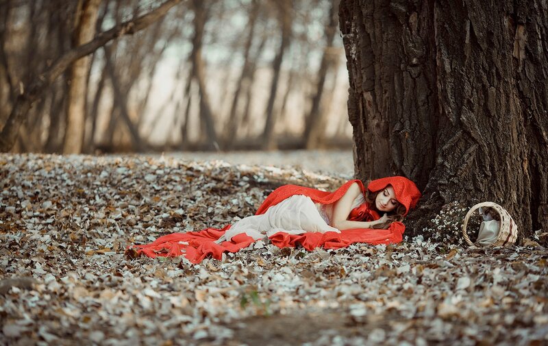 Woman in Red Cloak — Serene, Autumn, Photograph, Tree