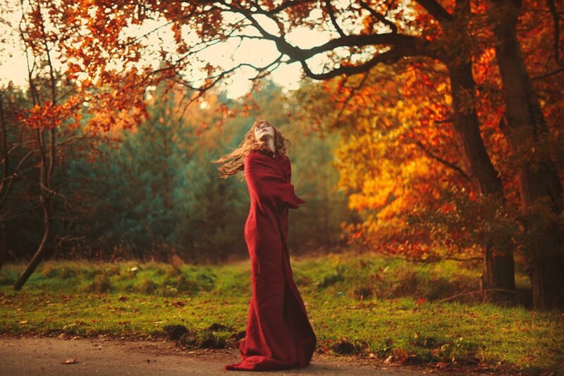 Woman in Red Cloak — Serene, Autumn, Photograph, Trees
