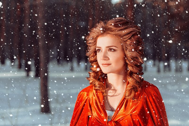 Woman in Red Cloak — Serene, Winter, Photograph, Snow