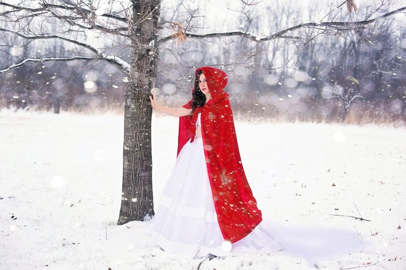 Woman in Red Cloak — Serene, Winter, Photograph, Snow, Tree