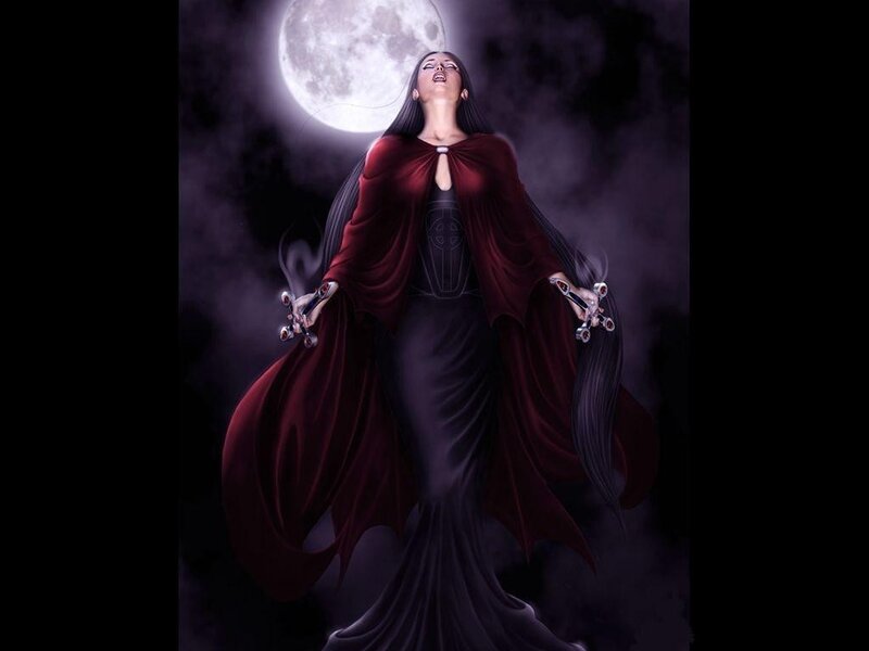 Woman in red cloak under moonlight