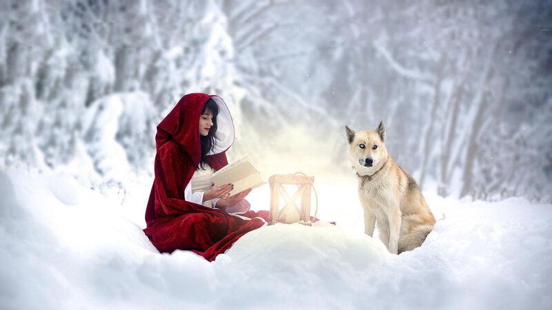 Woman in Red Cloak — White, Serene