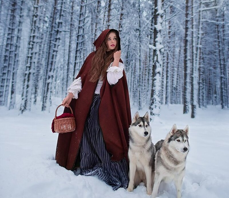 Woman in Red Cloak — White, Serene, Winter