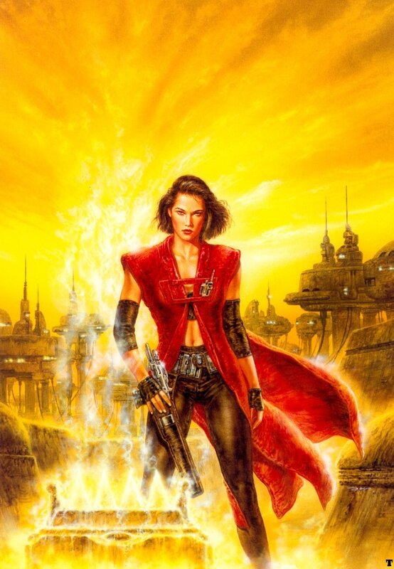 Woman in red cloak with blaster