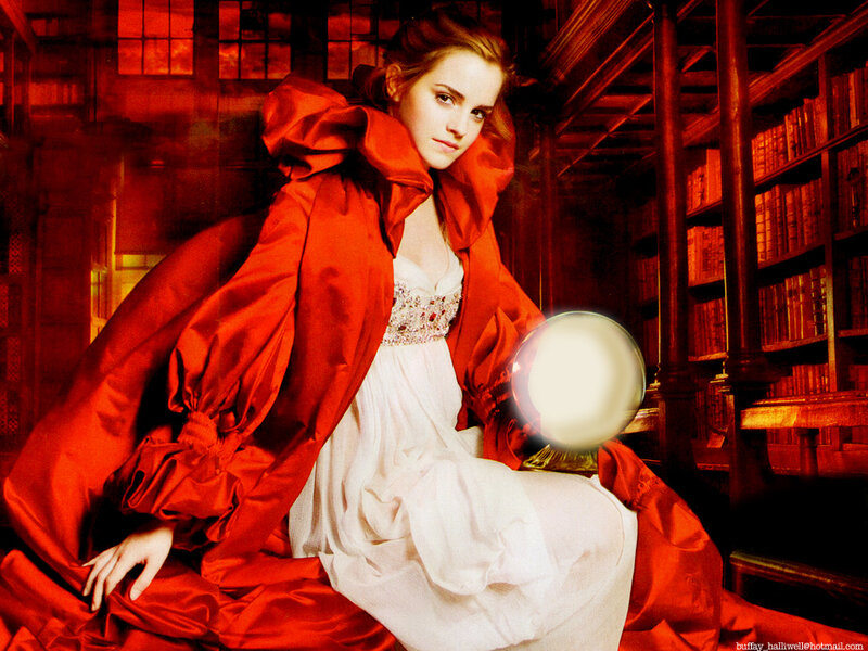 woman in red cloak with crystal ball