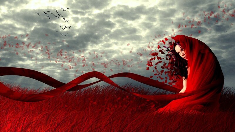 woman in red cloak with falling leaves