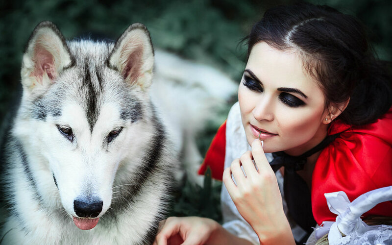 Woman in Red Cloak with Husky — Dramatic, Photograph