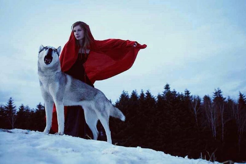 Woman in Red Cloak with Husky — Dramatic, Winter