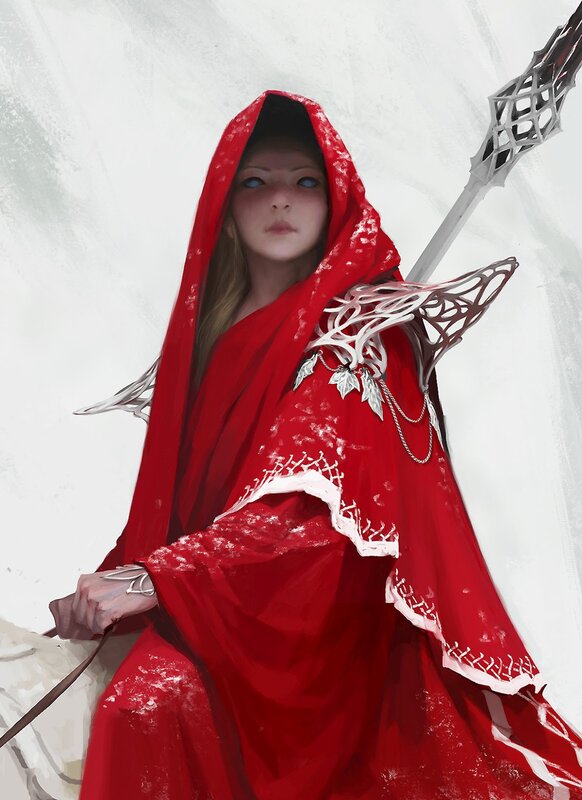 Woman in red cloak with staff