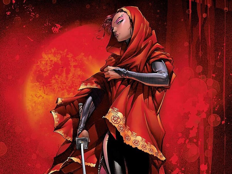 Woman in red cloak with sword