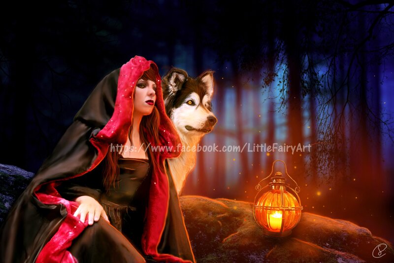 Woman in Red Cloak with Wolf — Dramatic