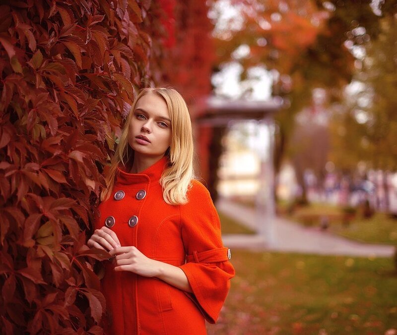 Woman in Red Coat — Calm, Autumn