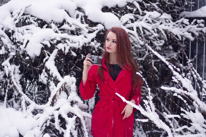 Woman in Red Coat — Cold, Winter, Photograph, Camera