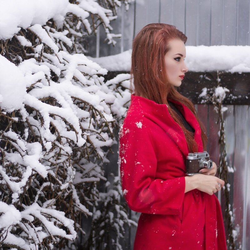 Woman in Red Coat — Cold, Winter, Photograph, Snow, Camera