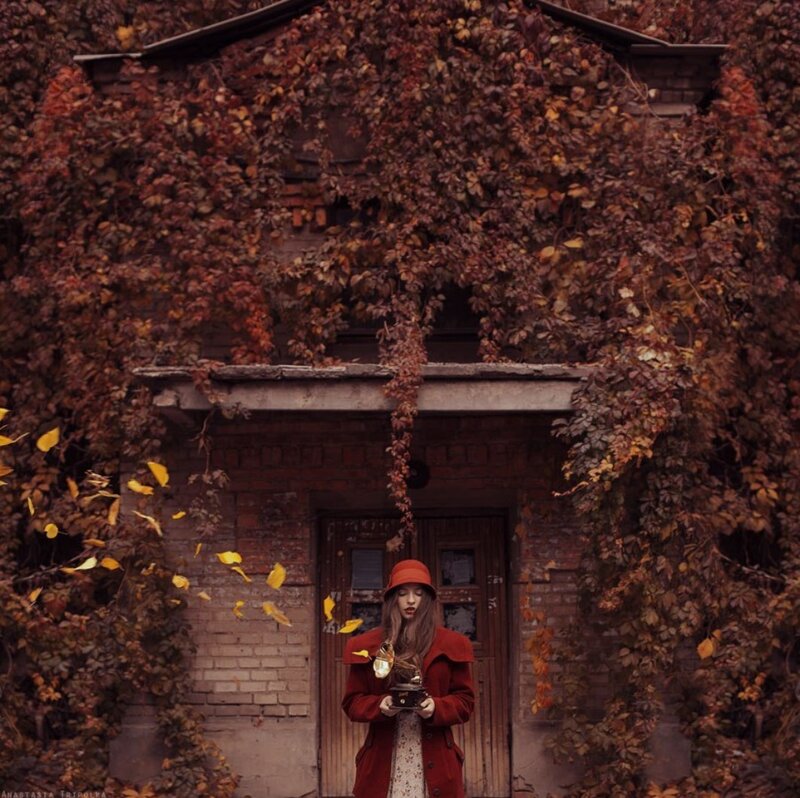 Woman in Red Coat — Dramatic, Autumn, Photograph
