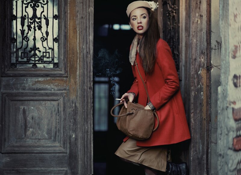 Woman in Red Coat — Dramatic, Night, Photograph, Cigarette