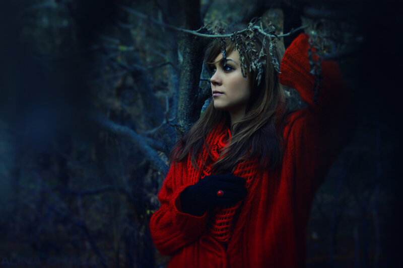 Woman in Red Coat — Dramatic, Night, Photograph, Forest