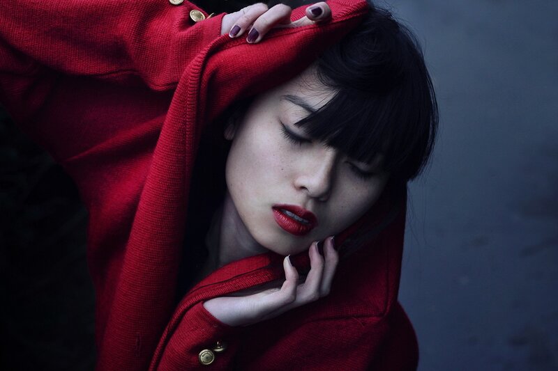 Woman in Red Coat — Dramatic, Photograph, Red Lipstick