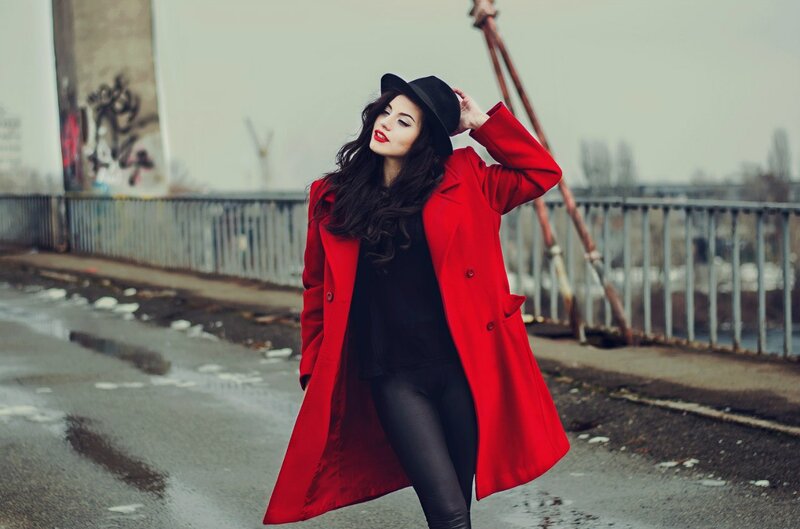Woman in Red Coat — Dramatic, Winter, Photograph, Hat, Bridge