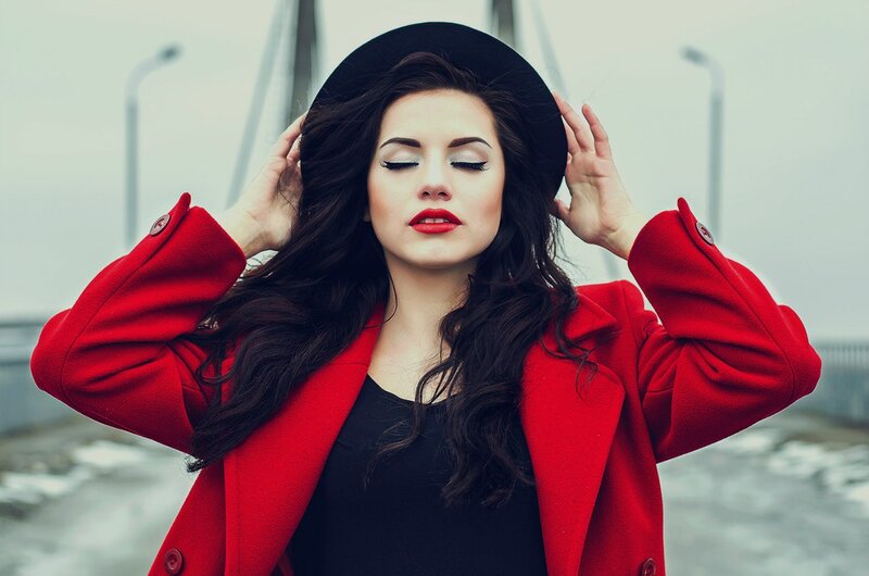Woman in Red Coat — Dramatic, Winter, Photograph, Hat, Streetlights