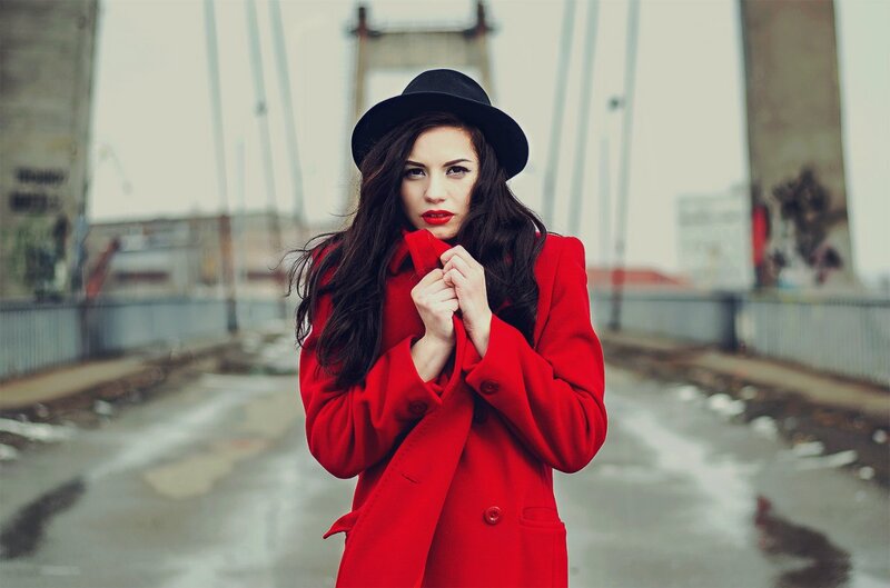 Woman in Red Coat — Dramatic, Winter, Photograph, Hat