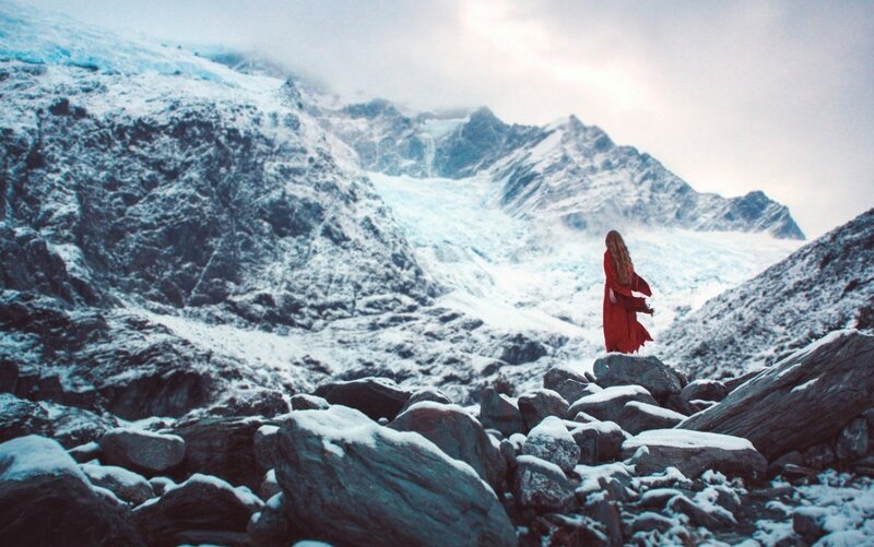 Woman in Red Coat — Dramatic, Winter, Photograph, Mountain