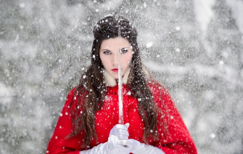 Woman in Red Coat — Dramatic, Winter, Photograph