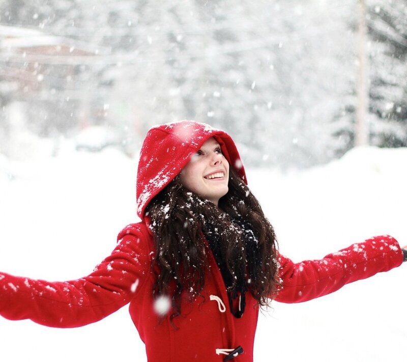 Woman in Red Coat — Joyful, Winter