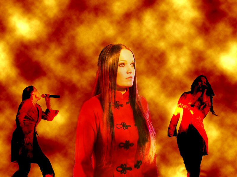 Woman in red coat on stage