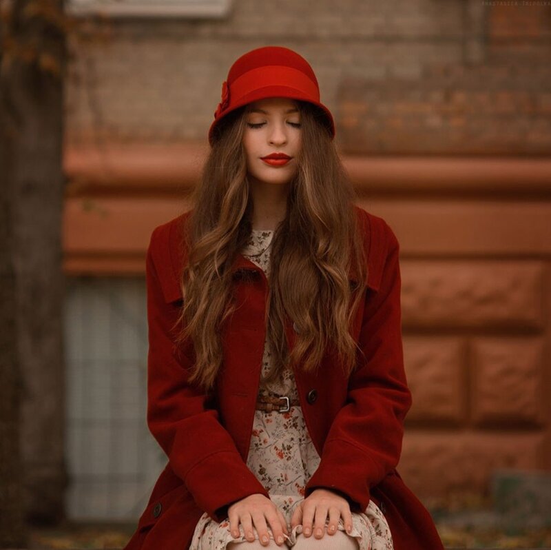 Woman in Red Coat — Serene, Autumn, Photograph