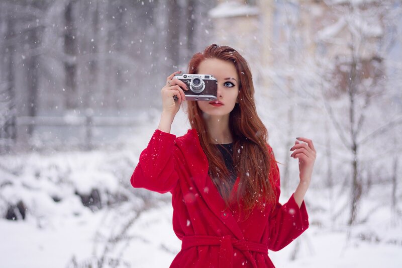 Woman in Red Coat — Serene, Winter, Photograph, Camera