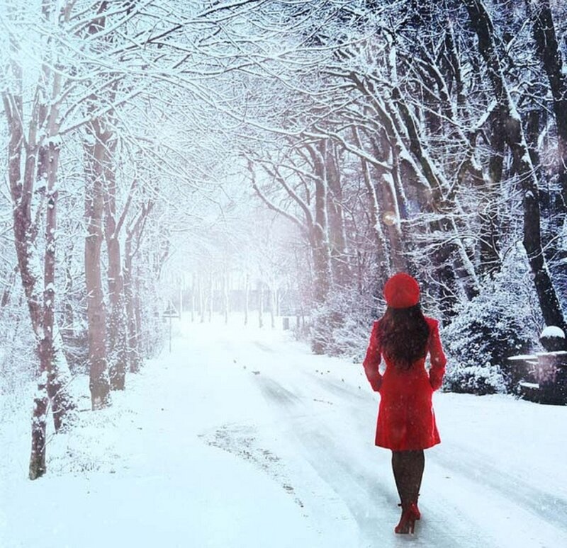 Woman in Red Coat — Serene, Winter, Photograph, Snow