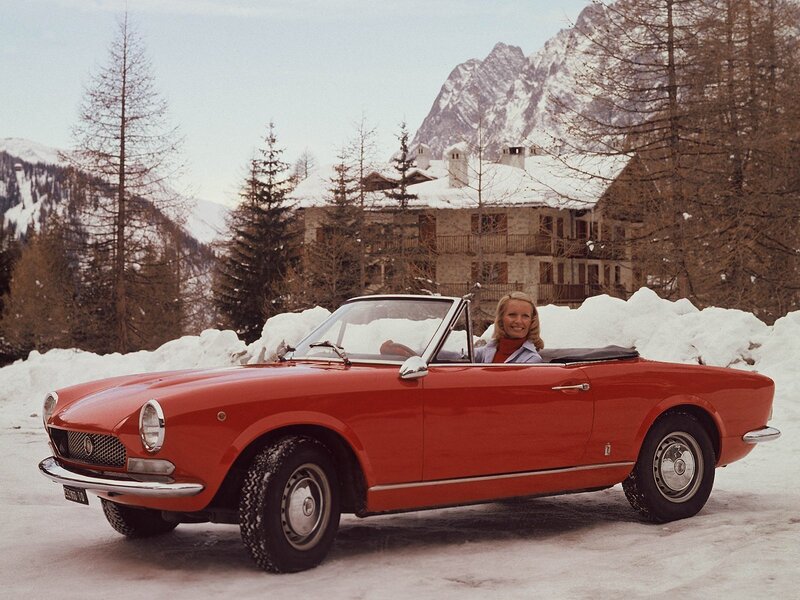 Woman in red convertible car