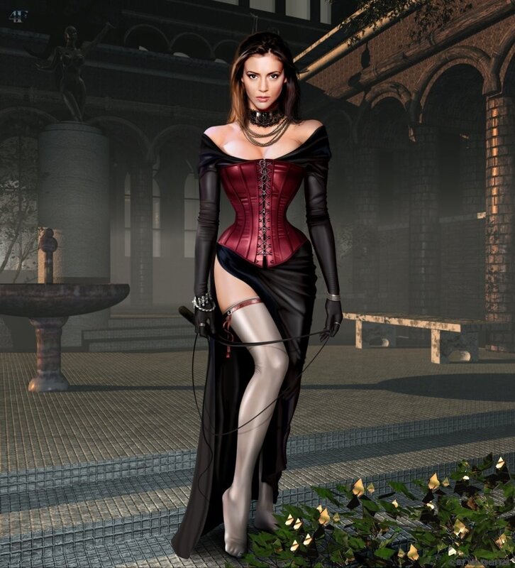 woman in red corset and black dress