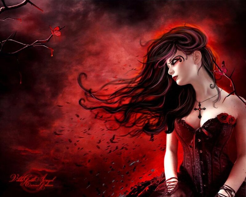 Woman in Red Corset — Dramatic, Digital Art, Butterfly