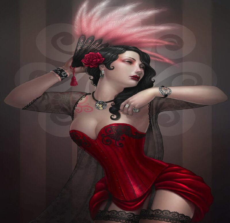 Woman in Red Corset — Dramatic, Digital Art, Feather Hat