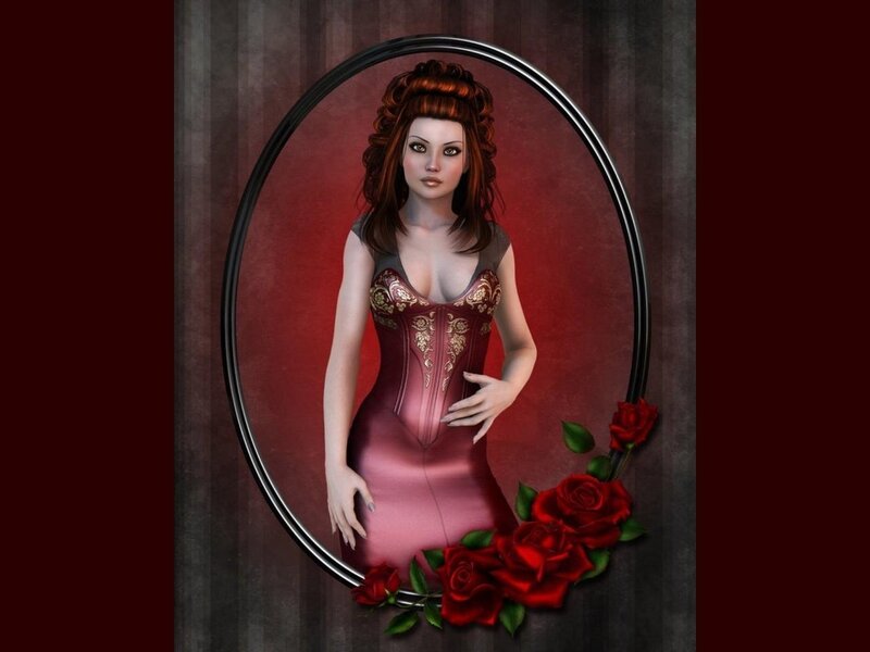 Woman in Red Corset — Dramatic, Digital Art, Red Roses