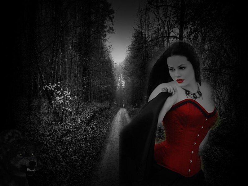Woman in Red Corset — Dramatic, Night, Digital Art, Wolf