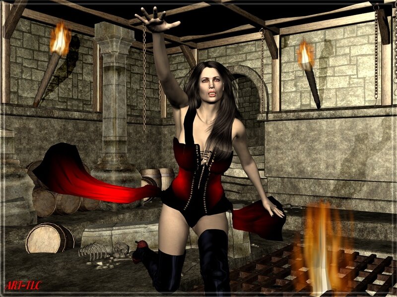 woman in red corset in dungeon