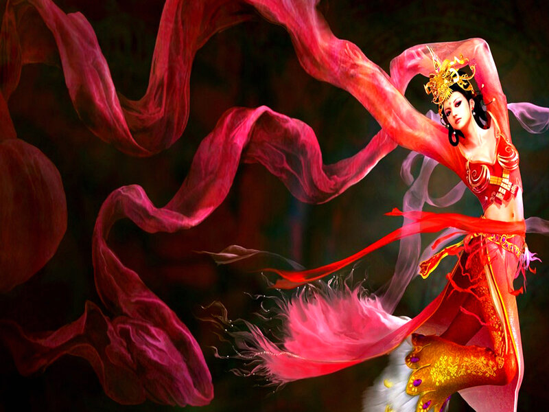 Woman in Red Costume — Dramatic, Digital Art, Flowing Fabric, Gold Crown
