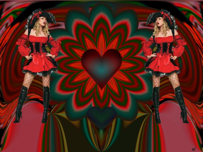 Woman in Red Costume — Dramatic, Digital Art, Heart, Flower