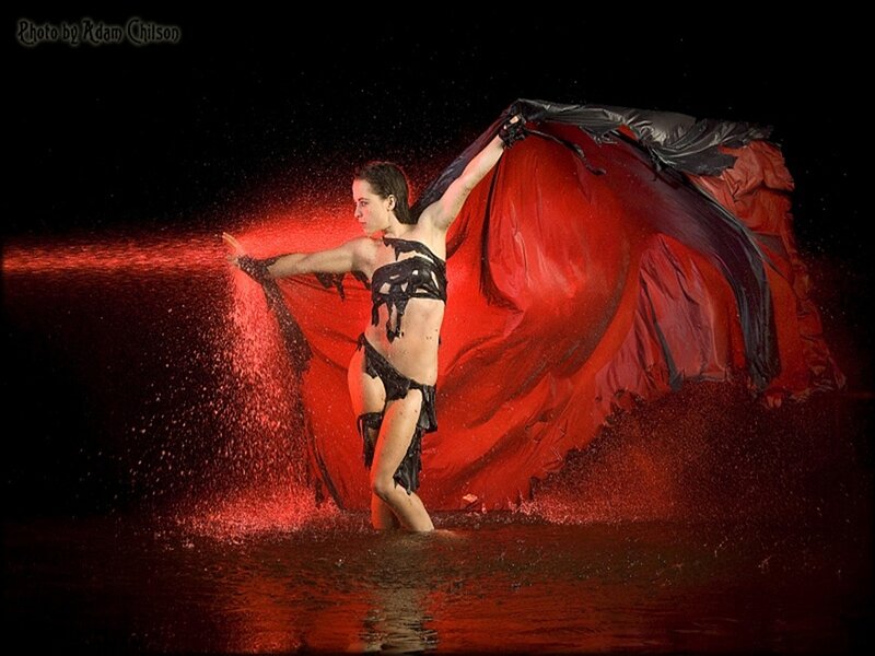 Woman in Red Costume — Dramatic, Night, Photograph, Red Fabric