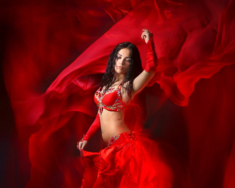 Woman in Red Costume — Dramatic, Photograph, Fabric